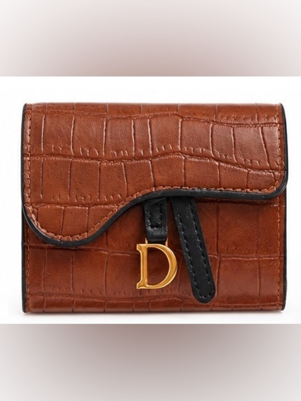 MBrown Faux Croc-Embossed Wallet with Gold D Accent